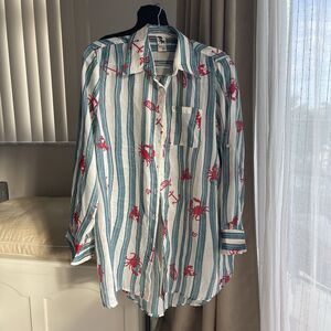 Violet Sky Blue Stripes Red Crab Lobster Fish Long Blouse Coverup Shirt XL